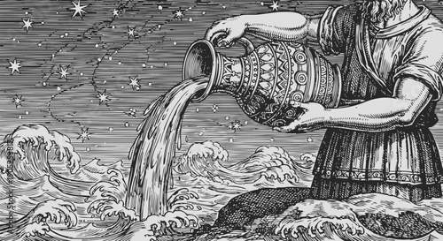 Vintage engraving of aquarius zodiac sign pouring water under starry night sky