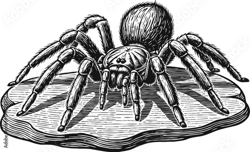 Detailed black and white illustration of a tarantula spider with hairy legs and body