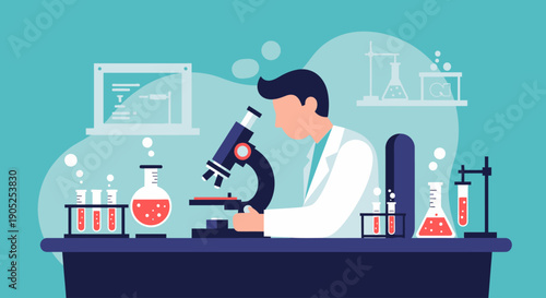 Scientist conducting research in a modern laboratory with microscope and test tubes.