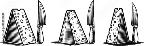 slices of cheese with knife illustrations in vintage engraving style, dairy food icons set