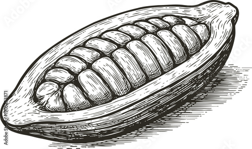 Cacao pod with beans inside hand drawn vintage engraving illustration of open cocoa fruit showing rows of seeds