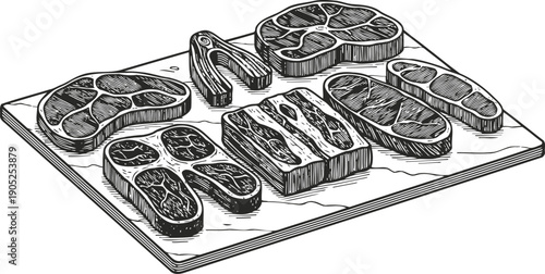 Various raw meat cuts arranged on wooden cutting board, fresh beef steaks illustration