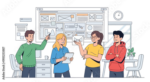 A diverse team collaborates on user interface design in a modern office setting.