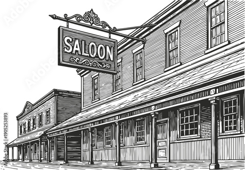 Old western saloon building with wooden facade and classic vintage sign hanging outside