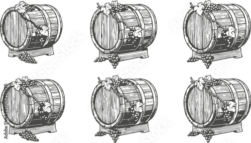 vintage wooden wine barrel with grapevine illustrations in classic engraving