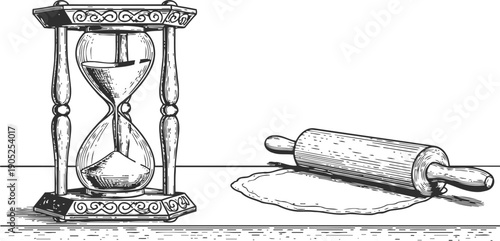 Vintage hourglass and wooden rolling pin with dough on a surface, hand drawn kitchen tools illustration