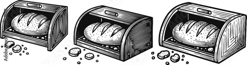 Loaf of bread inside wooden breadbox with a few crumbs around vintage engraving set