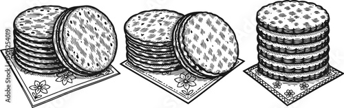 stack of round crackers on a decorative napkin in black and white sketch