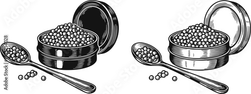 Black peppercorns in round metal container with open lid and spoon spices seasoning culinary ingredient concept