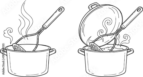 Cooking pot with lid and slotted spoon stirring hot steaming food in kitchen utensils set