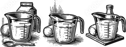 vintage measuring cups with milk and eggs in black and white sketch collection