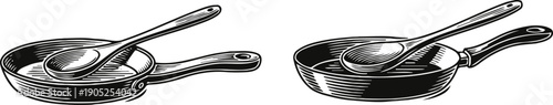 Vintage frying pans with wooden spoons black and white kitchenware utensil illustration set