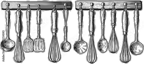 Vintage kitchen utensils hanging on a rack hand drawn cooking tools with spoons, spatulas, whisks, and ladles