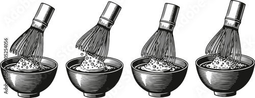 matcha tea whisk with powdered green tea in bowl traditional japanese tea ceremony utensil set