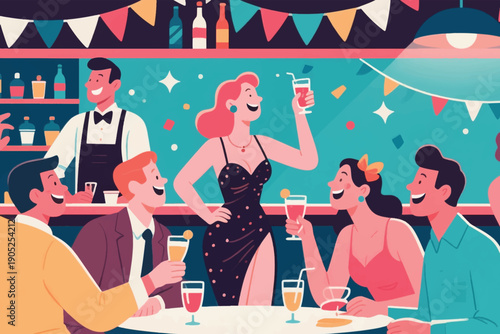 Lively bar scene with glamorous woman in black dress, group socializing with drinks, bartender, and festive decorations.