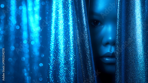 A captivating glimpse of a person peering through a sheer curtain, creating a mysterious atmosphere. The person is illuminated by a soft, ethereal glow, evoking curiosity and intrigue