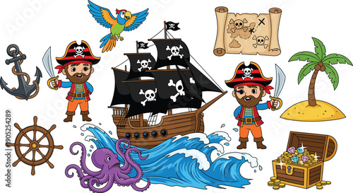 Cute pirate characters and sea adventure elements vector set with ship, treasure, map and ocean waves