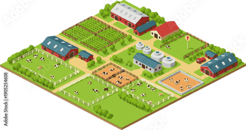 farm, agriculture, isometric, rural, landscape, barn, fields, crops, livestock, animals, cows, illustration, vector, graphic, country, countryside, property, land, farming, ranch, green, nature, outdo