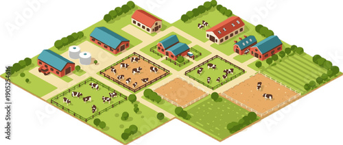 Isometric Dairy Farm Illustration Rustic Agricultural Landscape with Barns Pastures and Grazing Cows