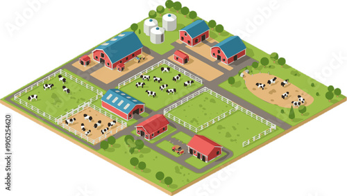 Vibrant Isometric Farm Illustration with Barns, Silos, and Grazing Dairy Cows in Fenced Fields