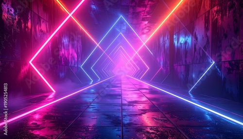 Neon tunnel with vibrant colors and wet floor reflection