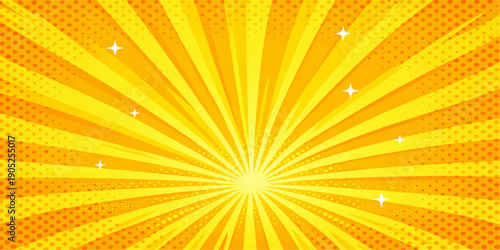 Abstract orange vector background illustration featuring a bright yellow sunburst with sunny rays and light beams creating a hot summer starburst design