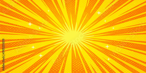 An abstract orange background vector illustration featuring a bright yellow sunburst with glowing rays of warm sunlight creating a hot summer sunrise explosion