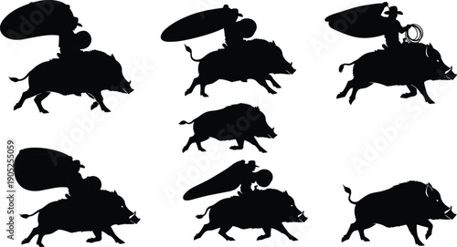 Wild Boar Silhouette Set with Tribal Hunter Rider Traditional Hunting Scene Vector Animal Shadow Collection Isolated Illustration Pack