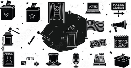 Voting Election Icons Set Ballot Box Polling Station Campaign Symbols Democracy Vector Illustration Civic Participation Political Process Collection Isolated