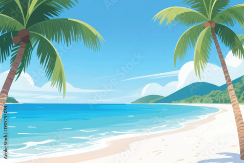 Tropical beach with palm trees, sandy shoreline, turquoise ocean waves, green hills, and bright blue sky with clouds.