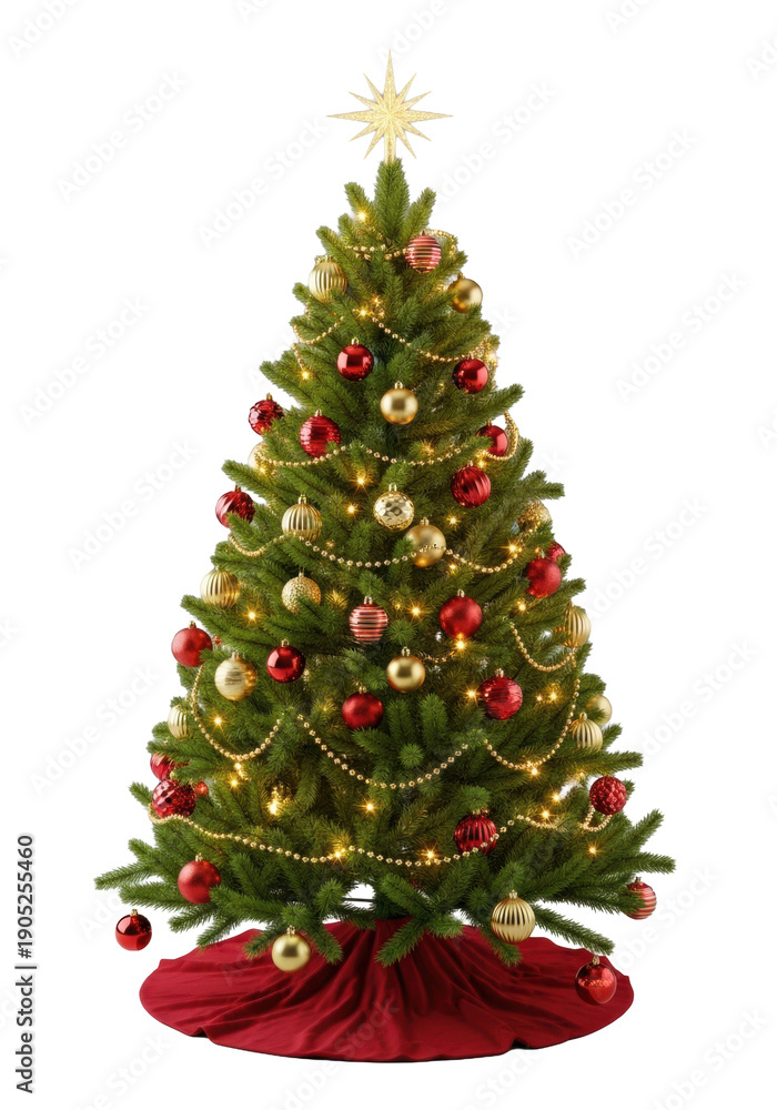 Fototapeta premium Traditional green fir christmas tree densely decorated with red and gold ornaments, golden garlands, and warm led lights, set on a red skirt against a transparent background. Festive christmas