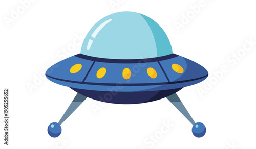 A cartoon illustration of a blue flying saucer with a light blue dome and yellow lights on the side