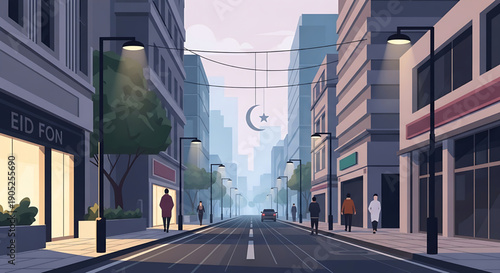 Eid Mubarak street celebration with crescent moon and star decorations and people walking along