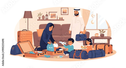 Family packing luggage for travel, preparing for a holiday trip with kids and suitcases ready for departure