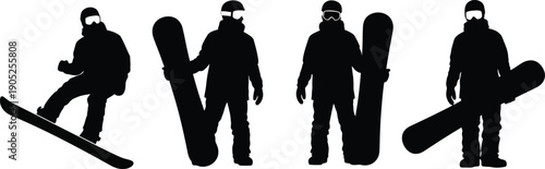 Silhouettes of snowboarders in various dynamic poses against a clean background, showcasing different angles and actions