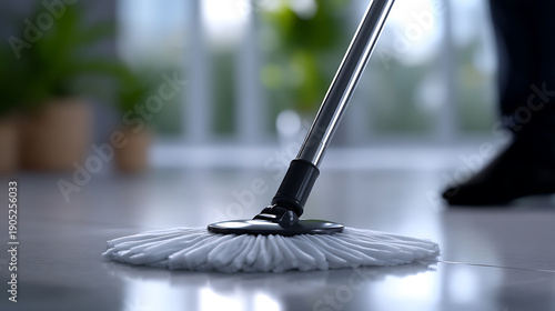 Wallpaper Mural A person mopping a polished floor with a modern mop, with a glimpse of greenery in the background Torontodigital.ca