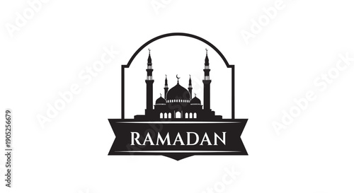 Ramadan mosque illustration with ribbon banner in minimalist style