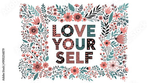 Beautiful hand drawn floral wreath border design with pink and teal blossoms surrounding a positive love yourself quote.