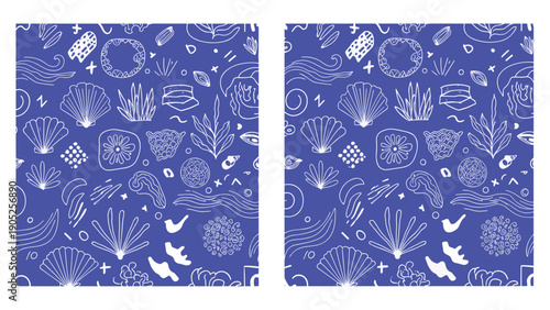 Seamless blue and white ocean pattern background with hand drawn sea shells waves and underwater botanical doodle elements.