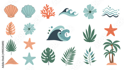 Comprehensive set of flat beach and ocean icons including sea shells palm trees waves coral and starfish for summer designs.
