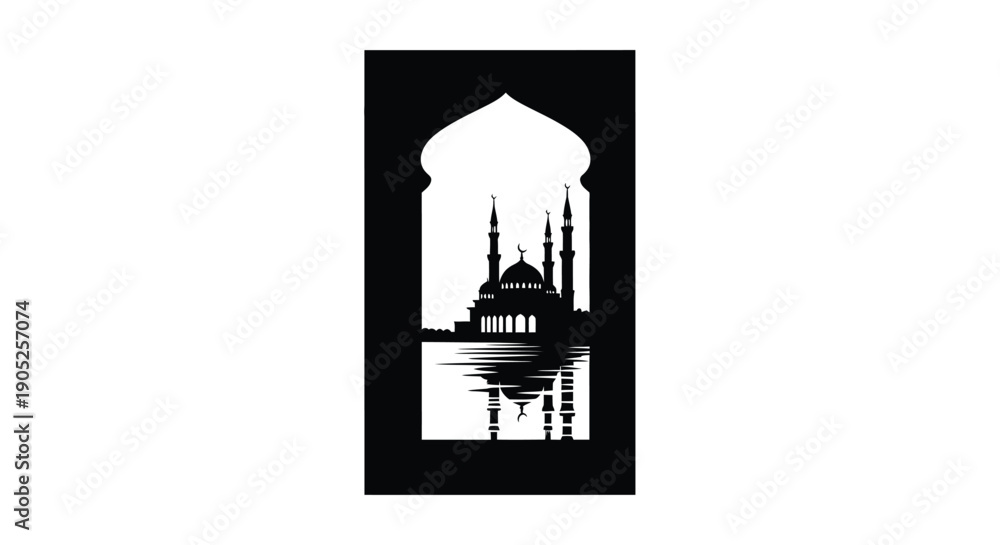 Obraz premium Silhouette of mosque architecture through archway with reflection in water, monochrome style