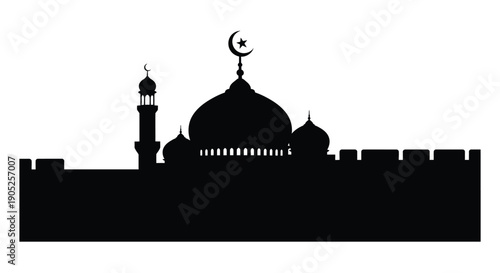 Mosque Silhouette with Crescent Moon and Minaret against White Background
