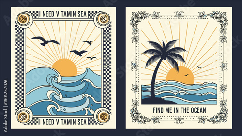 Pair of vintage inspired beach posters with sea themed quotes featuring waves gulls sun and palm trees on aged background.