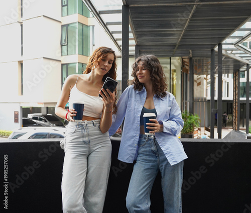 Two young women drink coffee and take pictures near the entrance to the office.