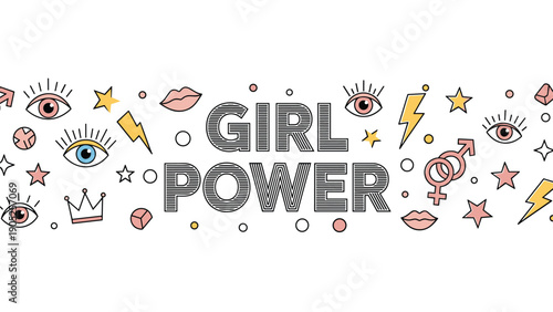 Girl power typography banner surrounded by diverse symbols like eyes lightning bolts hearts stars and venus feminist icons.