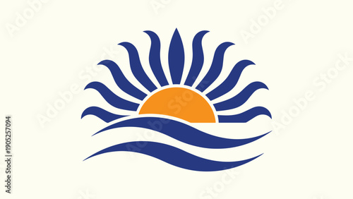 Minimalist sun and sea logo design with a yellow sun rising behind blue ocean waves on a pale cream background.