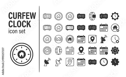 Curfew Clock House-Arrest Digital-Clock Home-Detention Curfew-Time Location-Restriction Monitoring-Schedule Radius-Circle Vector Icon Set - House Arrest