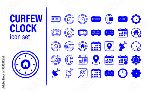 Curfew Clock House-Arrest Digital-Clock Home-Detention Curfew-Time Location-Restriction Monitoring-Schedule Radius-Circle Vector Icon Set - House Arrest