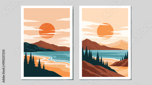 Pair of beautiful coastal landscape posters with mountains forest and ocean under a warm sunset or sunrise sky in nature.