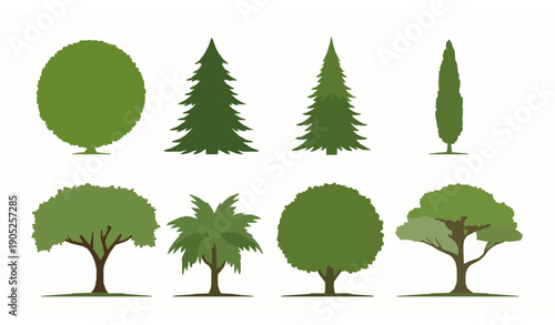 Flat Design Assorted Green Tree Silhouettes Pack with Unique Botanical Shapes for Landscape Illustration